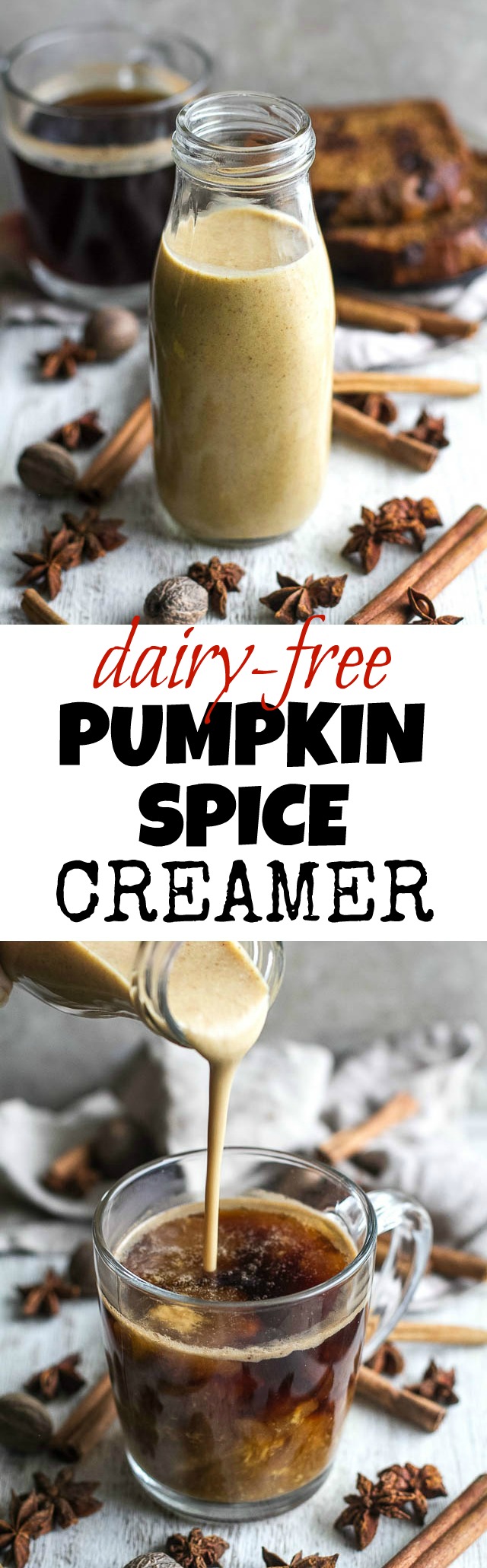 This naturally sweetened, Dairy Free Pumpkin Spice Coffee Creamer is a healthy alternative to store-bought creamers! It's vegan, paleo-friendly, refined-sugar-free, and tastes AMAZING! | runningwithspoons.com
