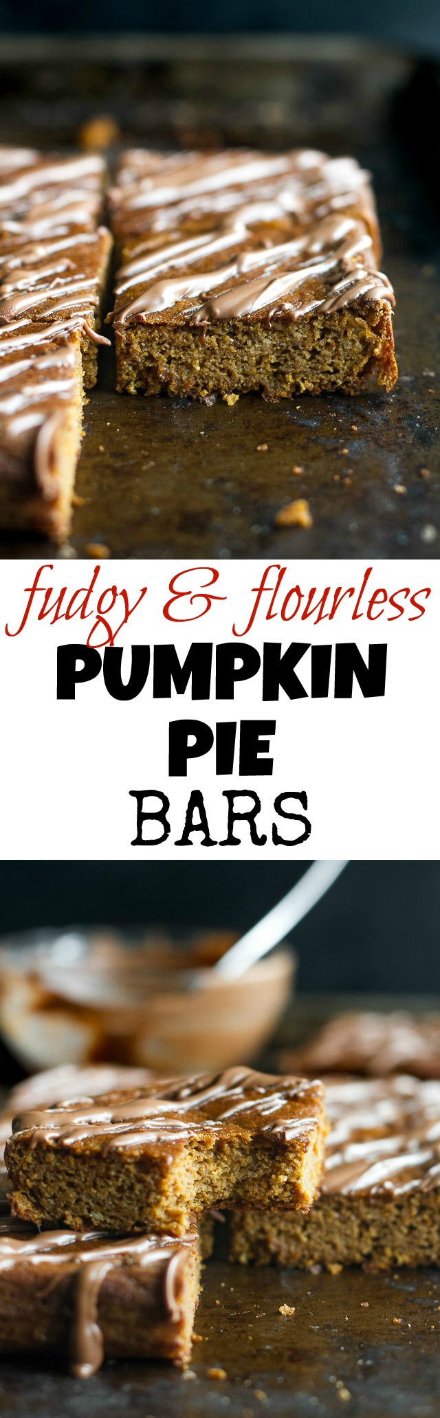 These flourless pumpkin pie bars are so tender and fudgy that you'd never know they're 100% healthy and made with NO flour, butter, oil, or refined sugar! | runningwithspoons.com