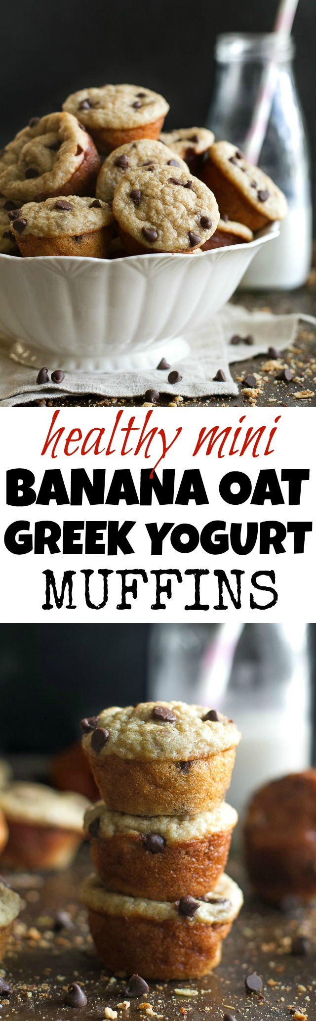 Mini Banana Oat Greek Yogurt Muffins - a healthy bite-sized snack that's PERFECT for kids (or anyone)! Made with NO flour, oil, or refined sugar, these fluffy little muffins are a delicious and easy breakfast or snack {gluten free, flourless, kid friendly, recipe} | runningwithspoons.com