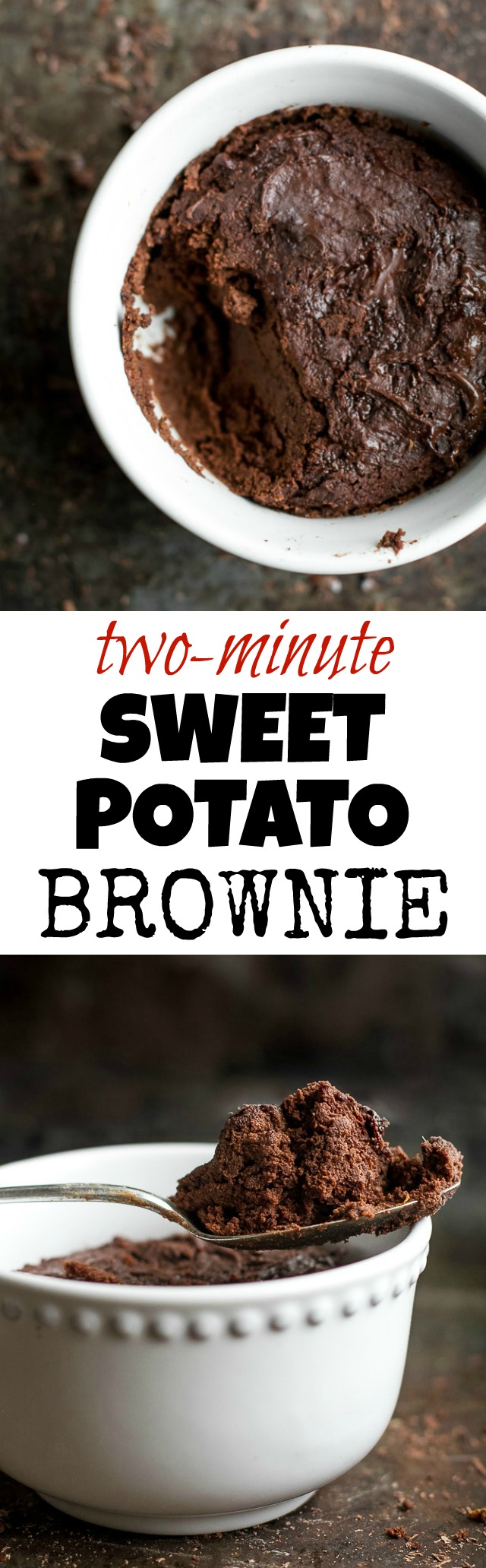 This healthy Two Minute Sweet Potato Brownie recipe is so fudgy, dense, and chocolatey, that you'd never be able to tell it's made with NO flour, NO butter, and NO oil! | runningwithspoons.com {vegan, paleo, gluten free}