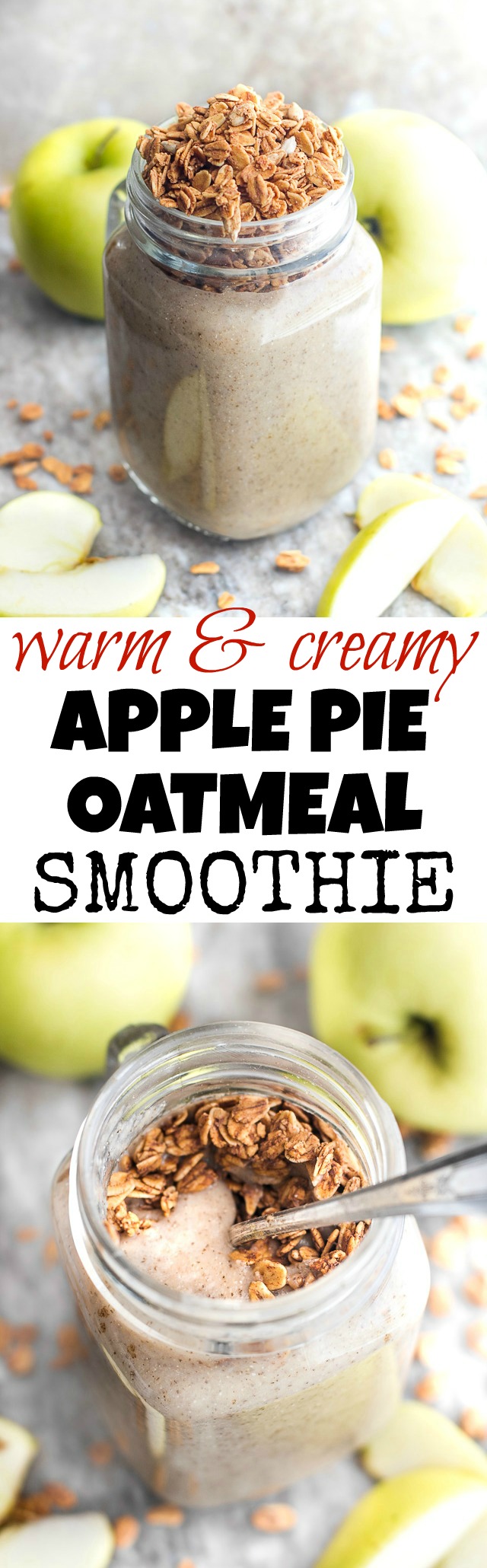 Enjoy the taste of apple pie for breakfast with this healthy apple pie oatmeal smoothie! Warmed up on the stove after blending, it makes a delicious and comforting breakfast or snack {vegan, gluten-free, refined-sugar-free} | runningwithspoons.com