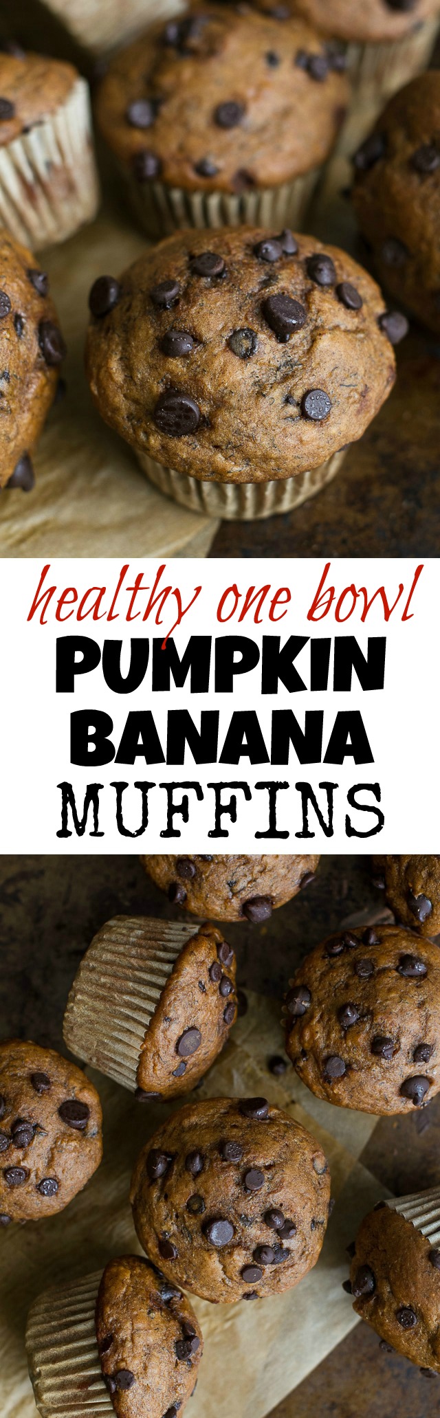 One Bowl Pumpkin Banana Muffins to help you use up overripe bananas and leftover canned pumpkin! Not quite pumpkin muffins, not quite banana muffins, they combine hints of both to create healthy muffins that are naturally sweetened and loaded with flavour  | runningwithspoons.com