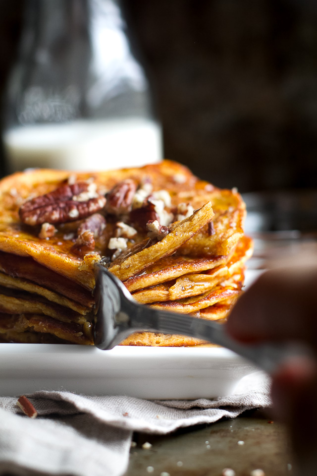 Sweet Potato Greek Yogurt Pancakes that are sure to keep you satisfied all morning with almost 20g of whole food protein! A healthy, easy, and delicious breakfast. | runningwithspoons.com