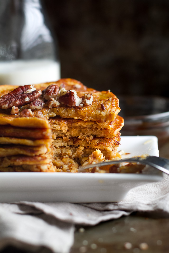 Sweet Potato Greek Yogurt Pancakes that are sure to keep you satisfied all morning with almost 20g of whole food protein! A healthy, easy, and delicious breakfast. | runningwithspoons.com