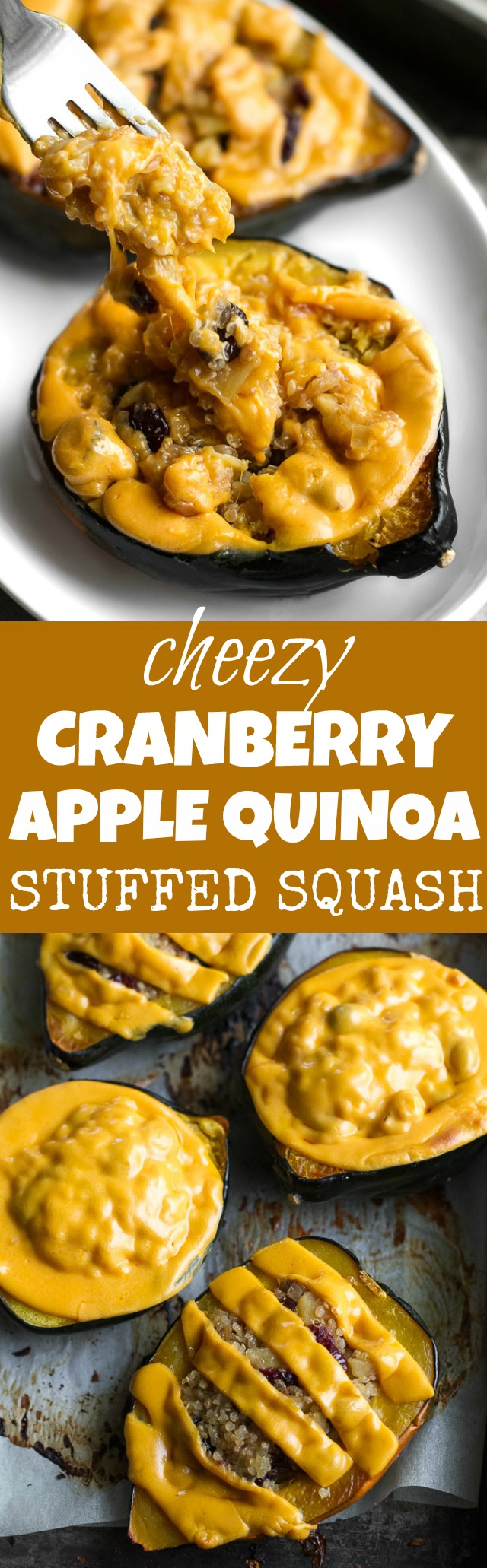 This cheezy apple cranberry quinoa stuffed squash is packed with sweet & savoury flavours and topped with an ooey, gooey, dairy-free cheese. It's healthy plant-based comfort food at its finest! | runningwithspoons.com