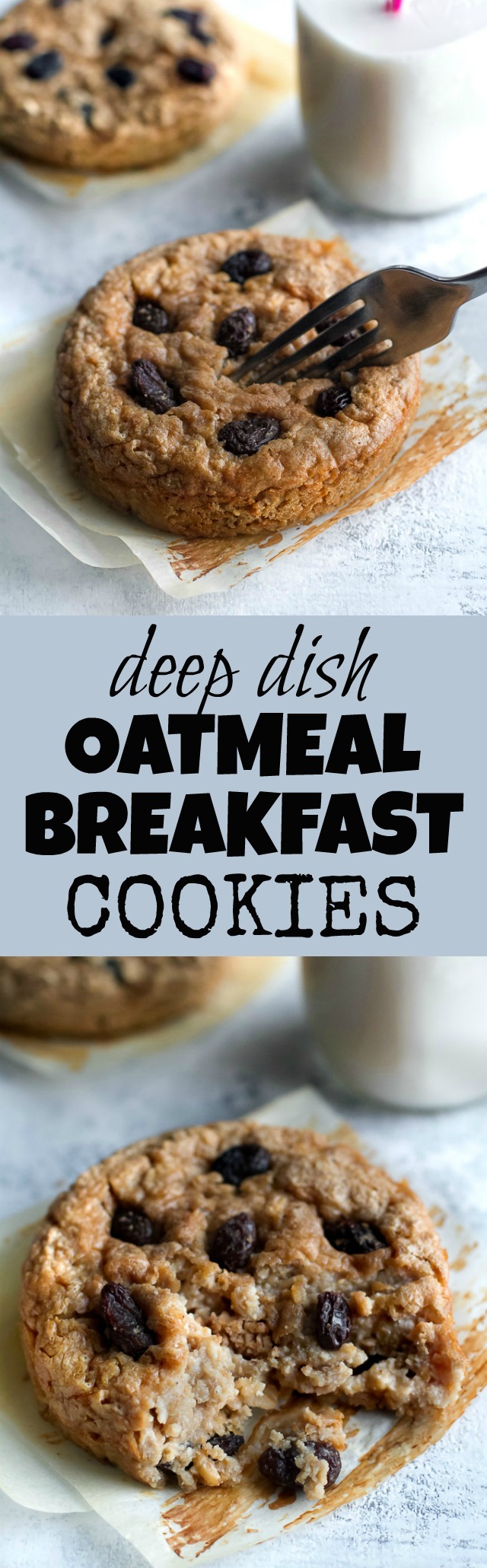 Ooey, gooey, and comforting! These Deep Dish Oatmeal Raisin Breakfast Cookies are a healthy way to enjoy dessert for breakfast and packed with complex carbs, protein, and fibre. Gluten-free & vegan. | runningwithspoons.com