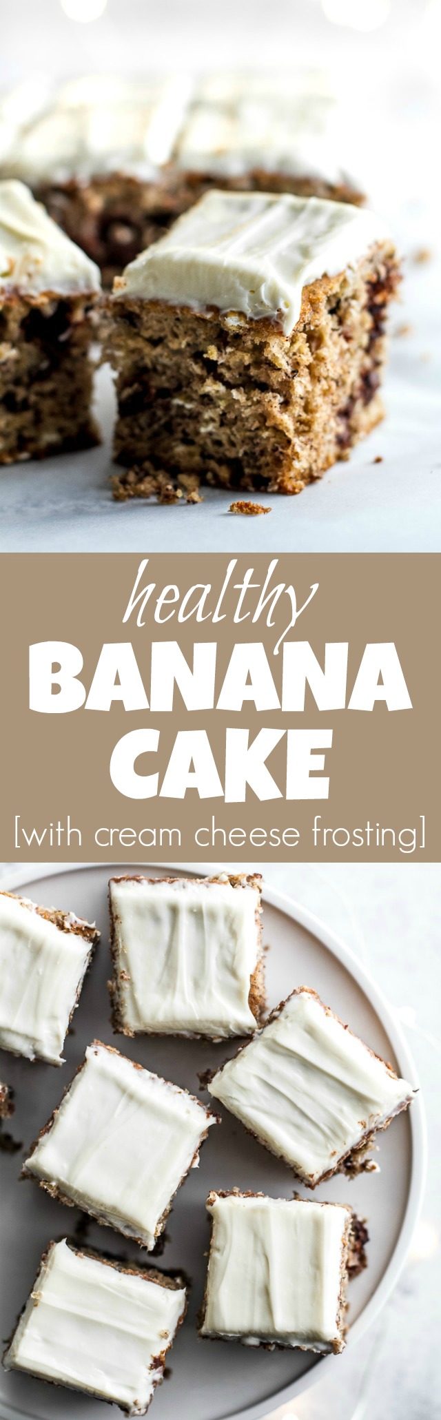 Healthy Banana Cake made without butter or oil, but so tender and flavourful that you’d never be able to tell. Topped with a lightened-up cream cheese frosting, this delicious banana-flavoured cake feels decadent but is actually surprisingly healthy | runningwithspoons.com