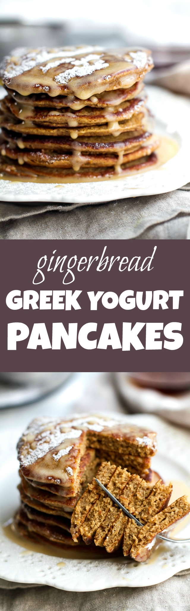 Iced Gingerbread Greek Yogurt Pancakes | running with spoons