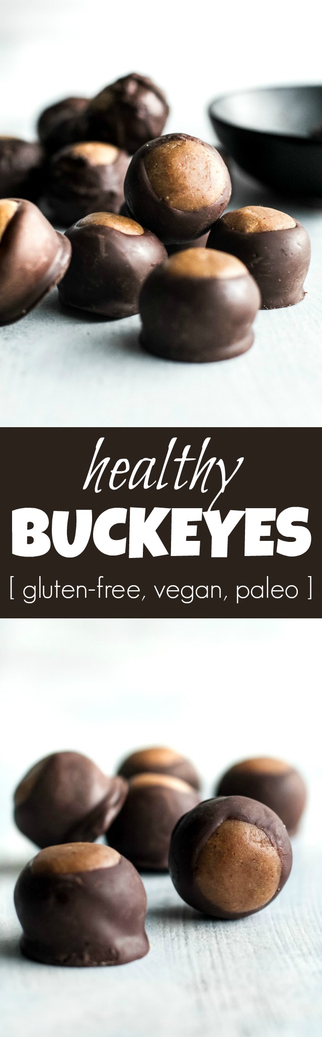 You won't miss the butter or sugar in these healthy buckeyes! They're made with wholesome ingredients like coconut flour and maple syrup, and make a delicious alternative to a traditional favourite! {gluten-free, vegan, paleo} | runningwithspoons.com