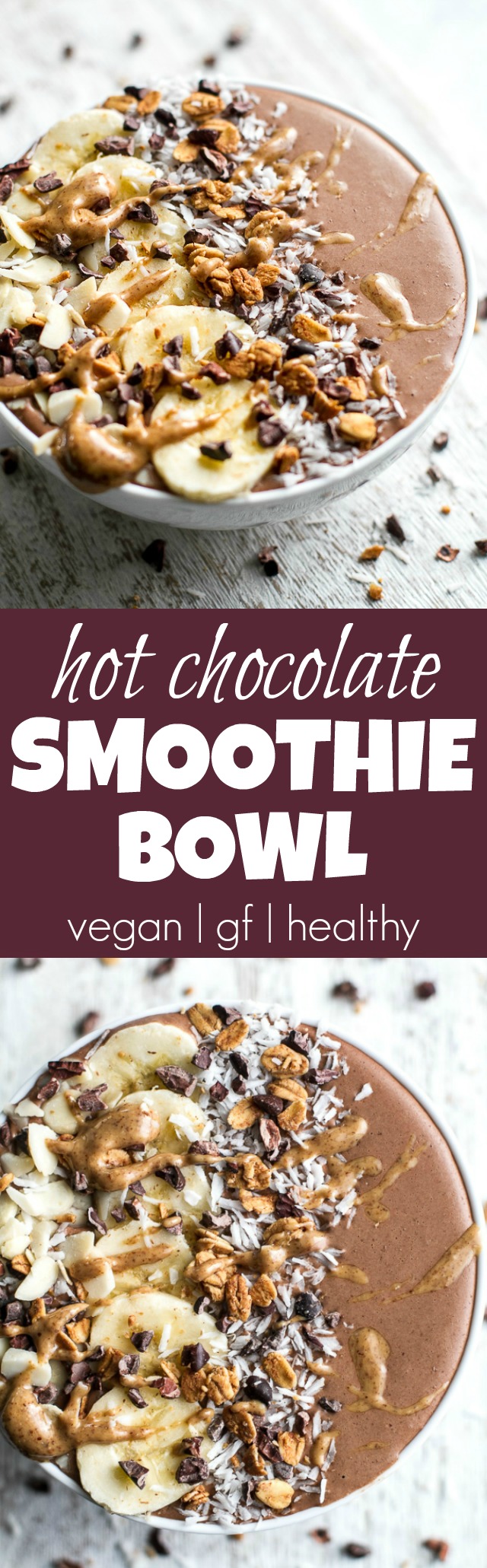 Hot Chocolate Smoothie Bowl - smooth, creamy, and sure to keep you satisfied for hours! This warm and comforting vegan smoothie will knock out those chocolate cravings while providing you with a balanced breakfast or snack | runningwithspoons.com