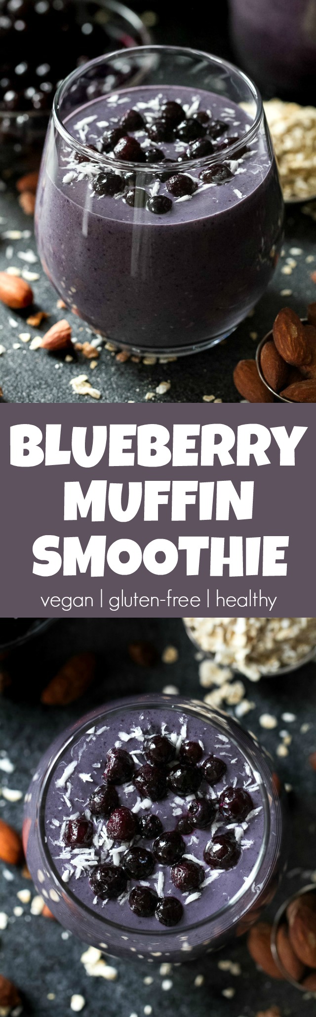 Cool, creamy, and ridiculously comforting! This Blueberry Muffin Breakfast Smoothie uses oats and almond butter to give it a subtle doughiness that pairs perfectly with the fresh and vibrant flavours blueberries and bananas. | runningwithspoons.com