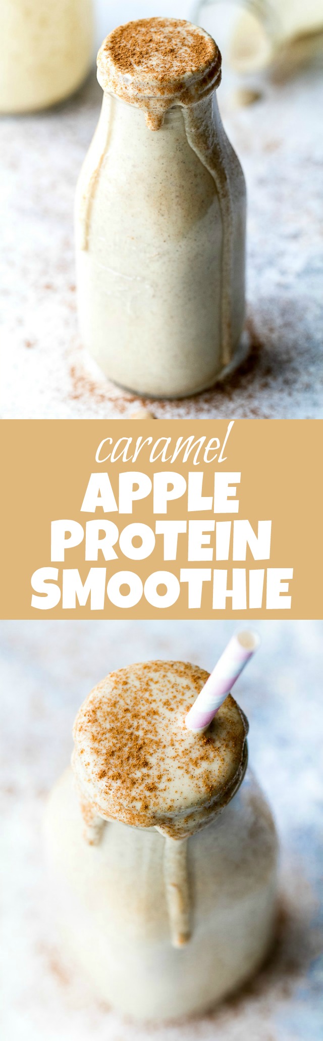 This caramel apple protein smoothie is going to become your favourite way to enjoy an apple a day! It's super creamy, packed with protein, and guaranteed to keep you satisfied all morning! | runningwithspoons.com