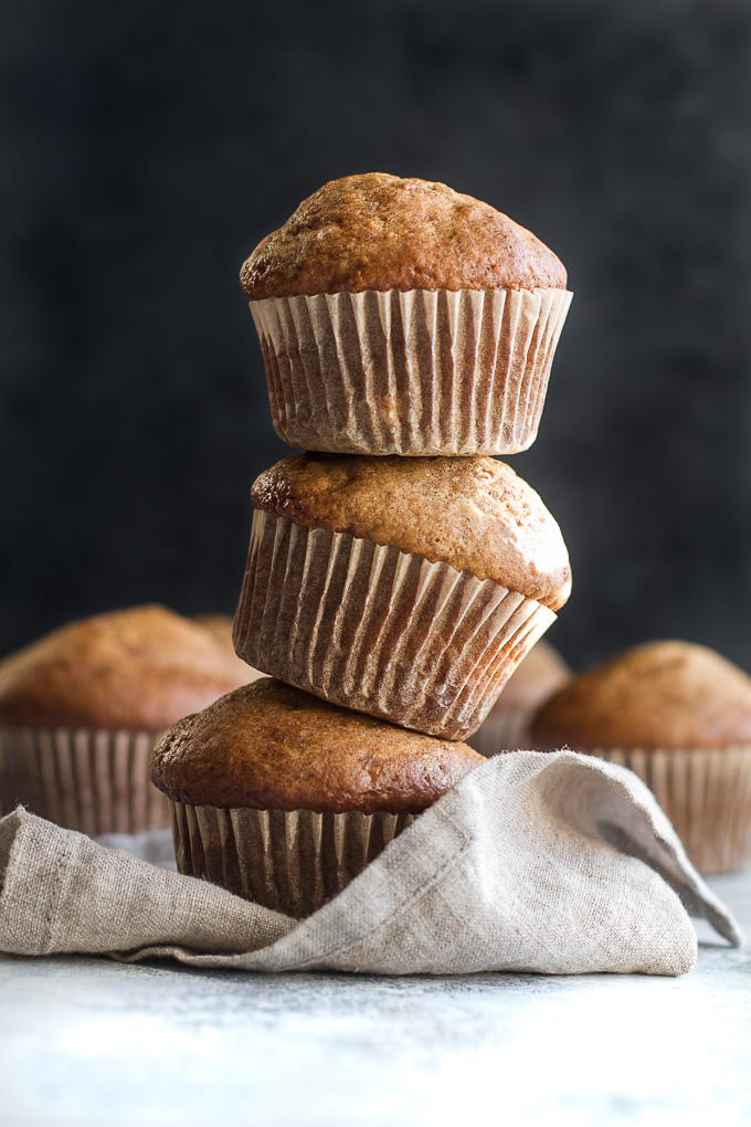 Healthy one banana muffins to help you use up that last overripe banana! These tender oil-free muffins are made with just 7 ingredients and make a healthy breakfast or snack! | runningwithspoons.com