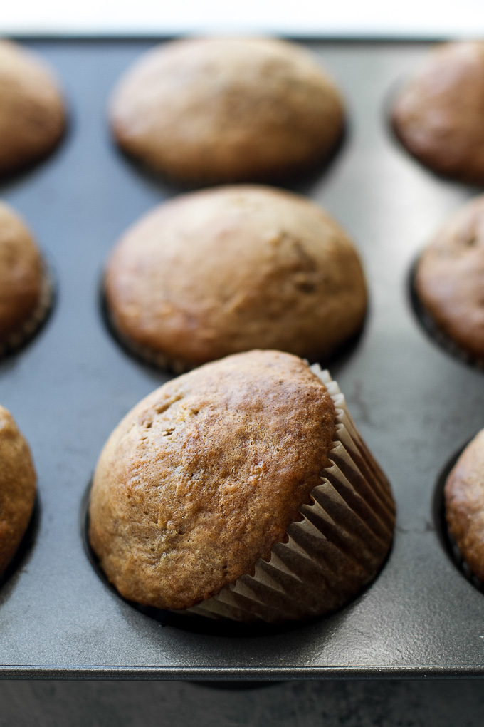 Healthy one banana muffins to help you use up that last overripe banana! These tender oil-free muffins are made with just 7 ingredients and make a healthy breakfast or snack! | runningwithspoons.com