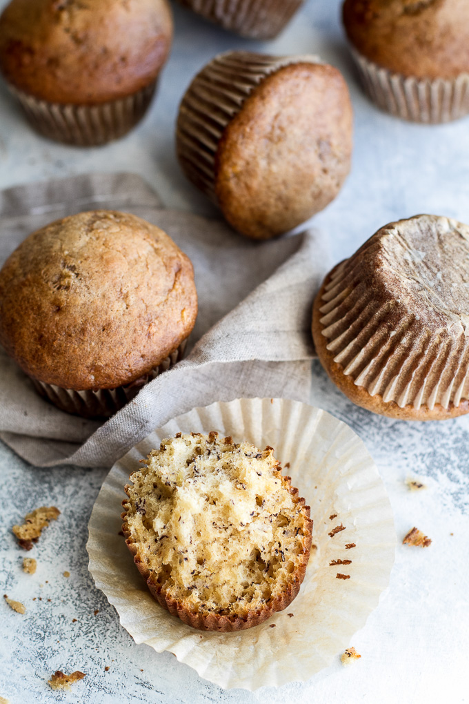 Healthy one banana muffins to help you use up that last overripe banana! These tender oil-free muffins are made with just 7 ingredients and make a healthy breakfast or snack! | runningwithspoons.com