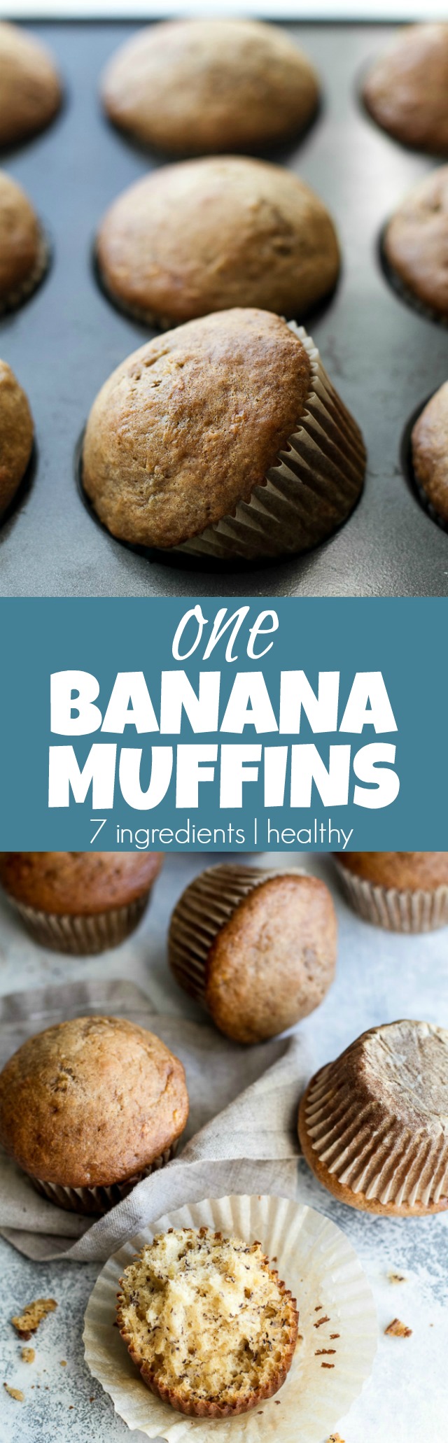 Healthy one banana muffins to help you use up that last overripe banana! These tender oil-free muffins are made with just 7 ingredients and make a healthy breakfast or snack! | runningwithspoons.com