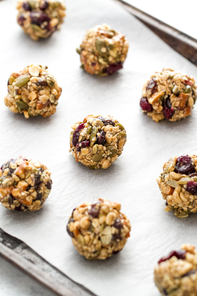 Sweet, salty, chewy, and crisp, these no-bake trail mix bites are sure to satisfy any craving! Gluten-free, nut-free, and vegan, they’re a healthy snack that anyone can enjoy! | runningwithspoons.com