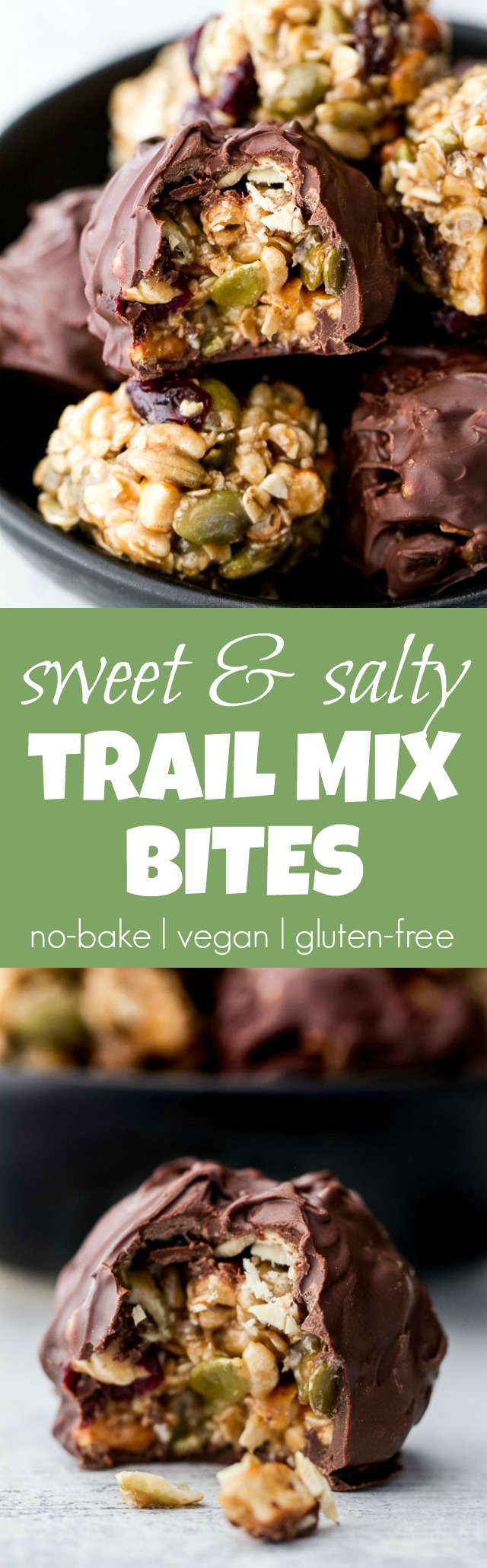 Sweet, salty, chewy, and crisp, these no-bake trail mix bites are sure to satisfy any craving! Gluten-free, nut-free, and vegan, they’re a healthy snack that anyone can enjoy! | runningwithspoons.com