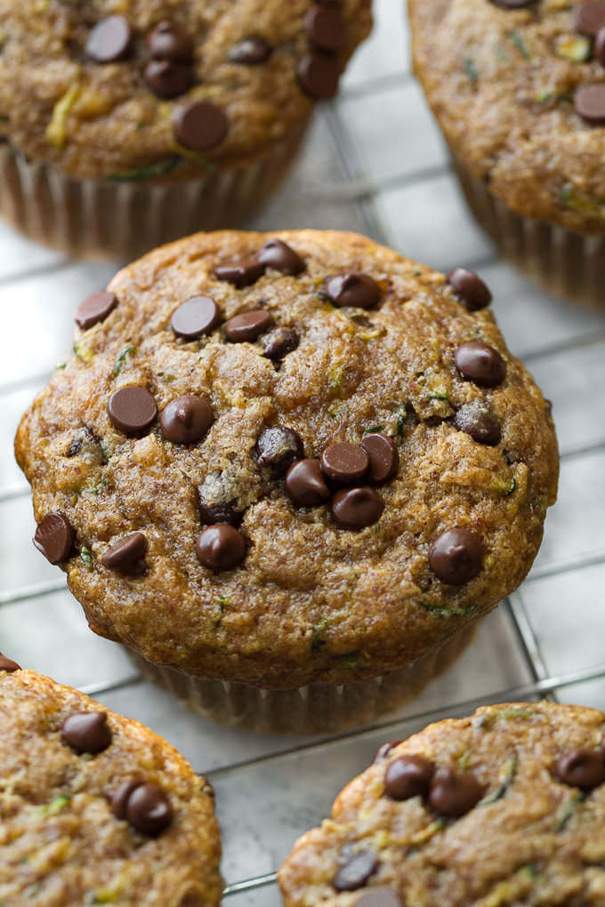 Flourless chocolate chip zucchini banana muffins that are so tender and flavourful, you'd never know they were made without flour, oil, or refined sugar. Gluten free and made with wholesome ingredients, they make a healthy and delicious breakfast or snack | runningwithspoons.com