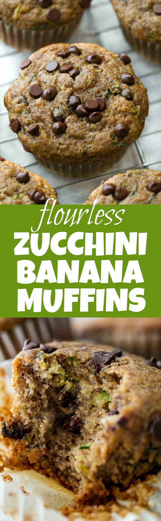 Flourless chocolate chip zucchini banana muffins that are so tender and flavourful, you'd never know they were made without flour, oil, or refined sugar. Gluten free and made with wholesome ingredients, they make a healthy and delicious breakfast or snack | runningwithspoons.com