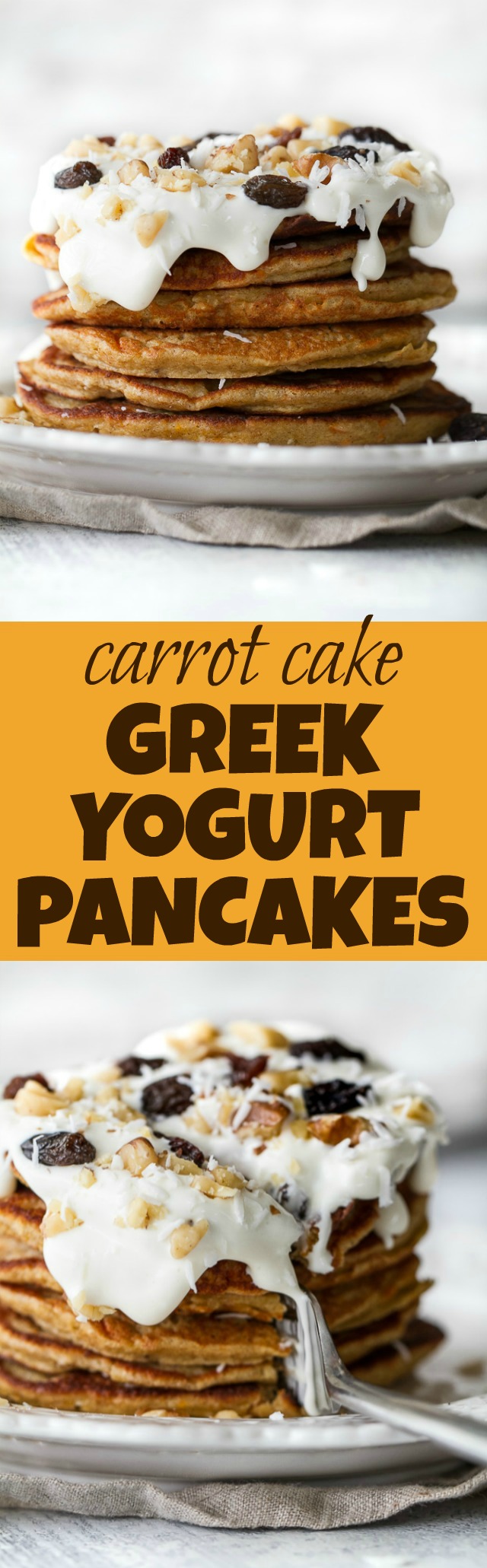 These light and fluffy Carrot Cake Greek Yogurt Pancakes are sure to keep you satisfied all morning with over 20g of whole food protein! They’re gluten-free thanks to the oats and whipped up in the blender in under 5 minutes! | runningwithspoons.com