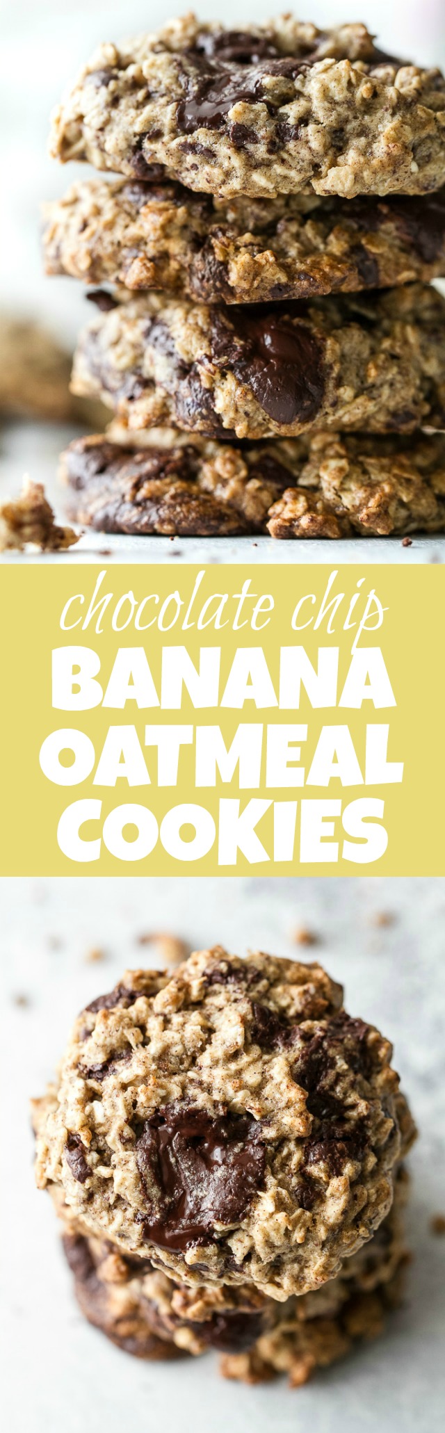 Chocolate chip banana oatmeal cookies made with healthy ingredients and loaded with plenty of chocolate and oats! They're gluten-free, vegan, and make a perfect snack for any time of the day! | runningwithspoons.com