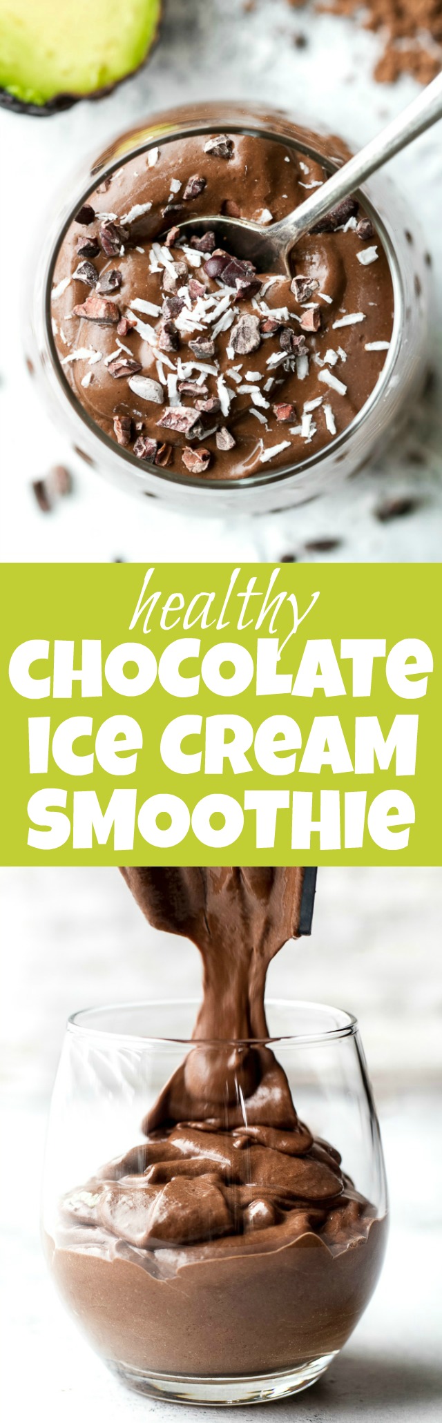Healthy Chocolate Ice Cream Smoothie - It may sound decadent, but this smoothie is actually super healthy and made with good-for-you ingredients like cocoa, avocado, and banana. Luscious, creamy, and super satisfying, it makes a perfect choice for when those chocolate cravings hit {vegan, gluten-free, refined sugar-free} | runningwithspoons.com