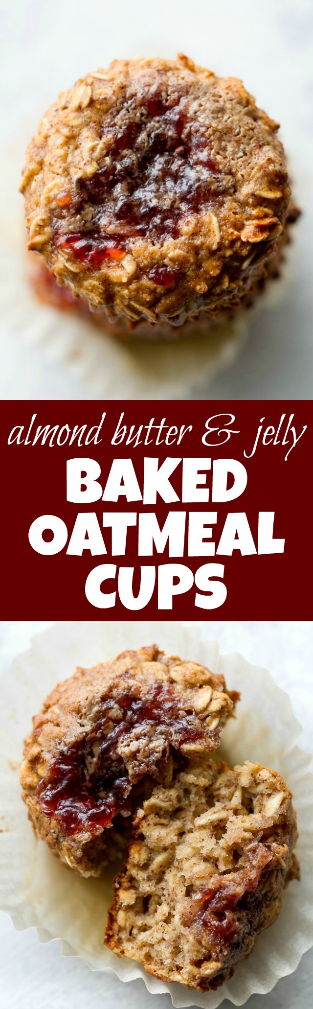 These Almond Butter and Jelly Baked Oatmeal Cups are gluten-free, refined sugar-free, super easy to make, and pack almost 6g of protein! A perfect breakfast or snack. | runningwithspoons.com