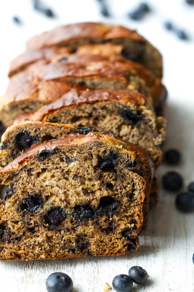 This one bowl Greek Yogurt Blueberry Banana Bread is made without butter or oil, but so tender and flavourful that you’d never be able to tell! Naturally sweetened and bursting with blueberry flavour, it makes a delicious healthier alternative to a traditional favourite!  | runningwithspoons.com