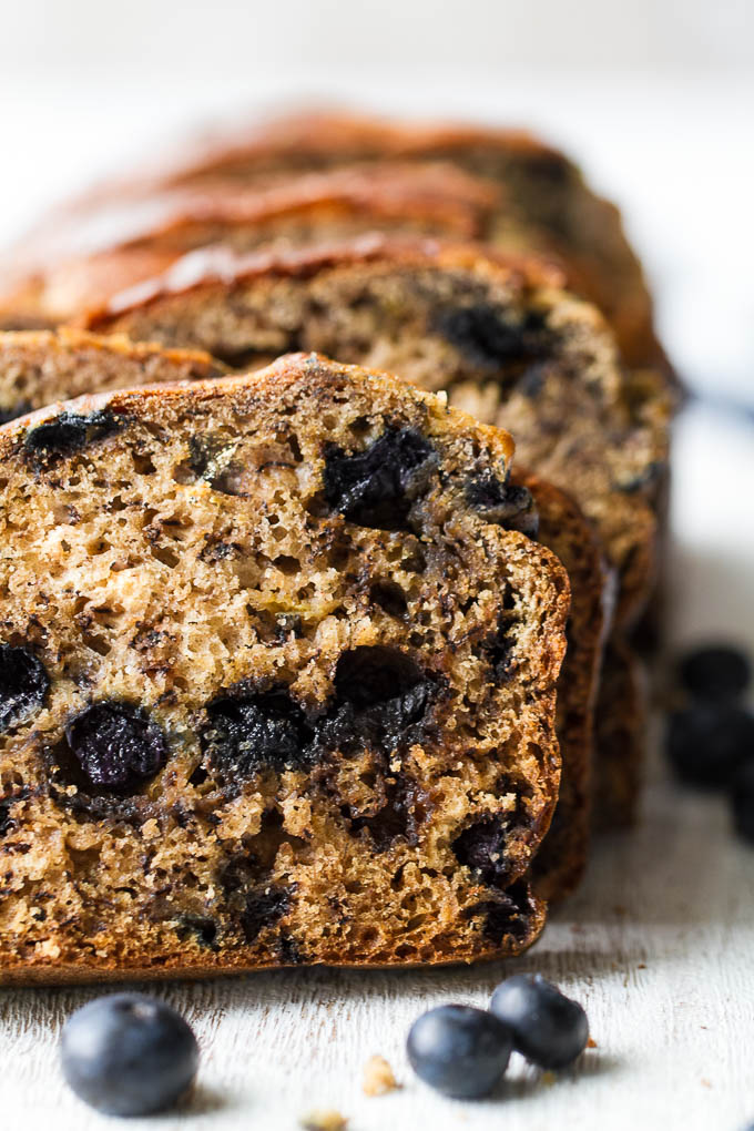 This one bowl Greek Yogurt Blueberry Banana Bread is made without butter or oil, but so tender and flavourful that you’d never be able to tell! Naturally sweetened and bursting with blueberry flavour, it makes a delicious healthier alternative to a traditional favourite!  | runningwithspoons.com