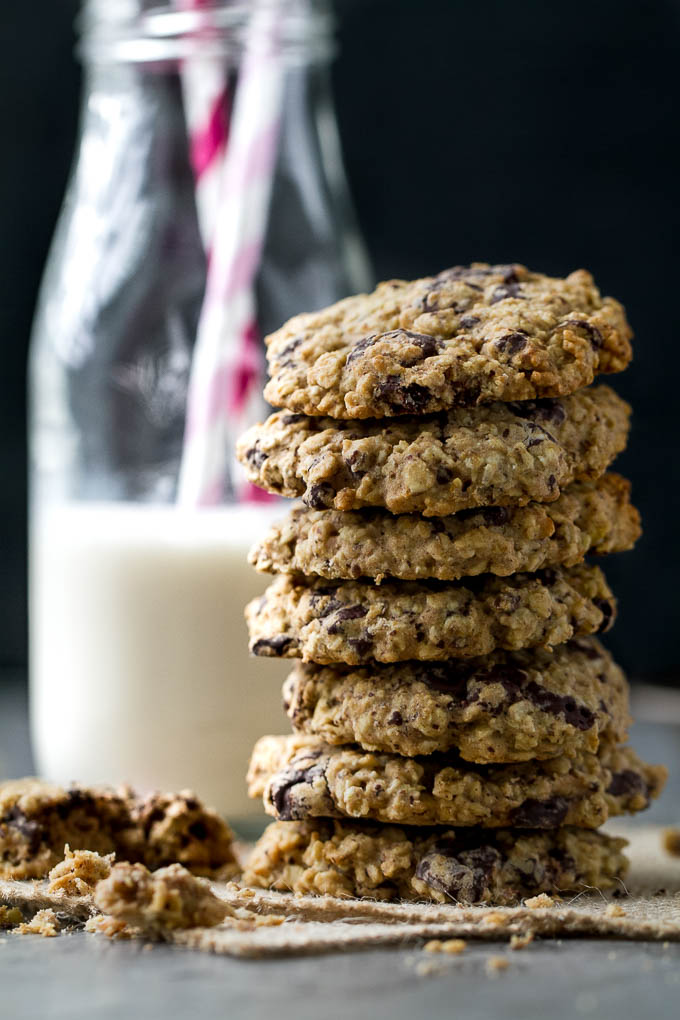 Soft, chewy, and loaded with chocolate oaty goodness! These healthy chocolate chip oatmeal cookies are made with wholesome ingredients and make a perfect snack for any time of the day! {one-bowl, vegan, gluten-free, delicious!!} | runningwithspoons.com