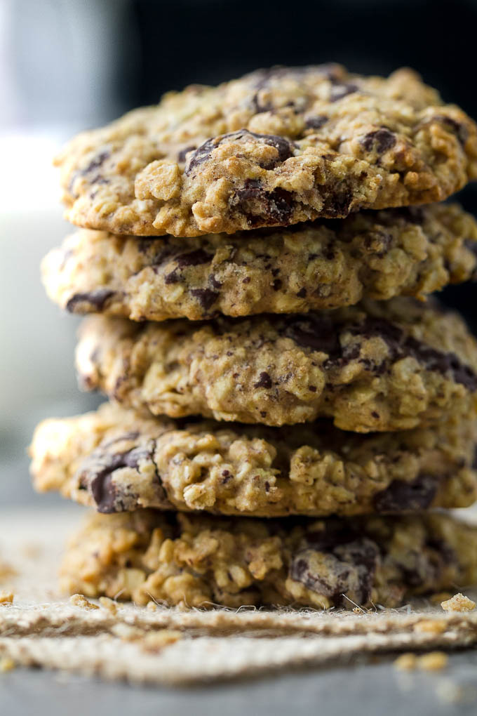 Soft, chewy, and loaded with chocolate oaty goodness! These healthy chocolate chip oatmeal cookies are made with wholesome ingredients and make a perfect snack for any time of the day! {one-bowl, vegan, gluten-free, delicious!!} | runningwithspoons.com