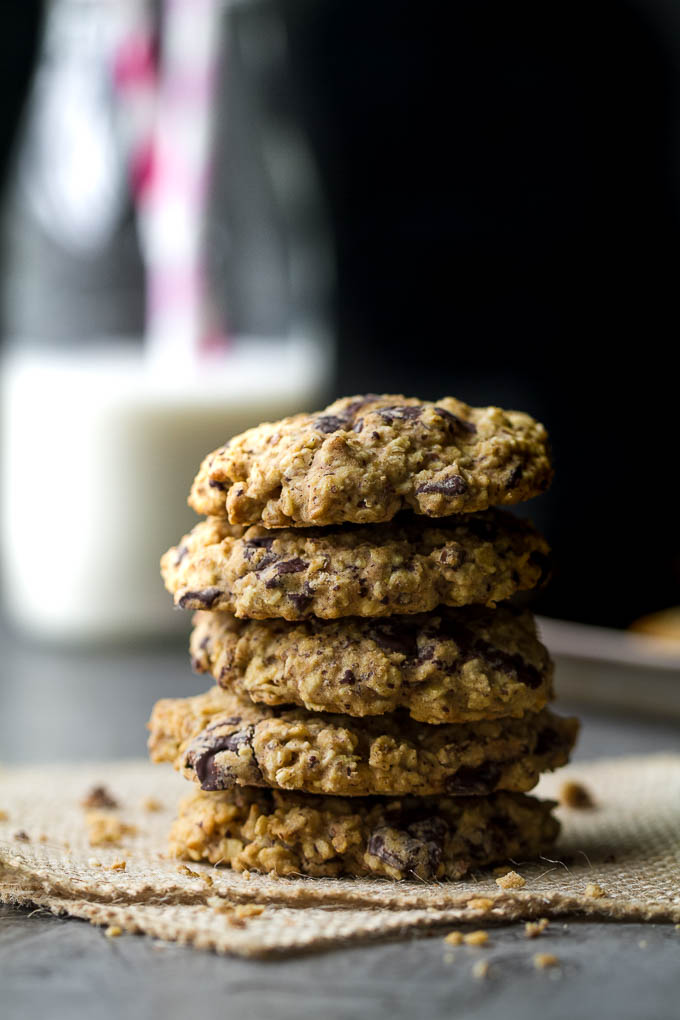 Soft, chewy, and loaded with chocolate oaty goodness! These healthy chocolate chip oatmeal cookies are made with wholesome ingredients and make a perfect snack for any time of the day! {one-bowl, vegan, gluten-free, delicious!!} | runningwithspoons.com