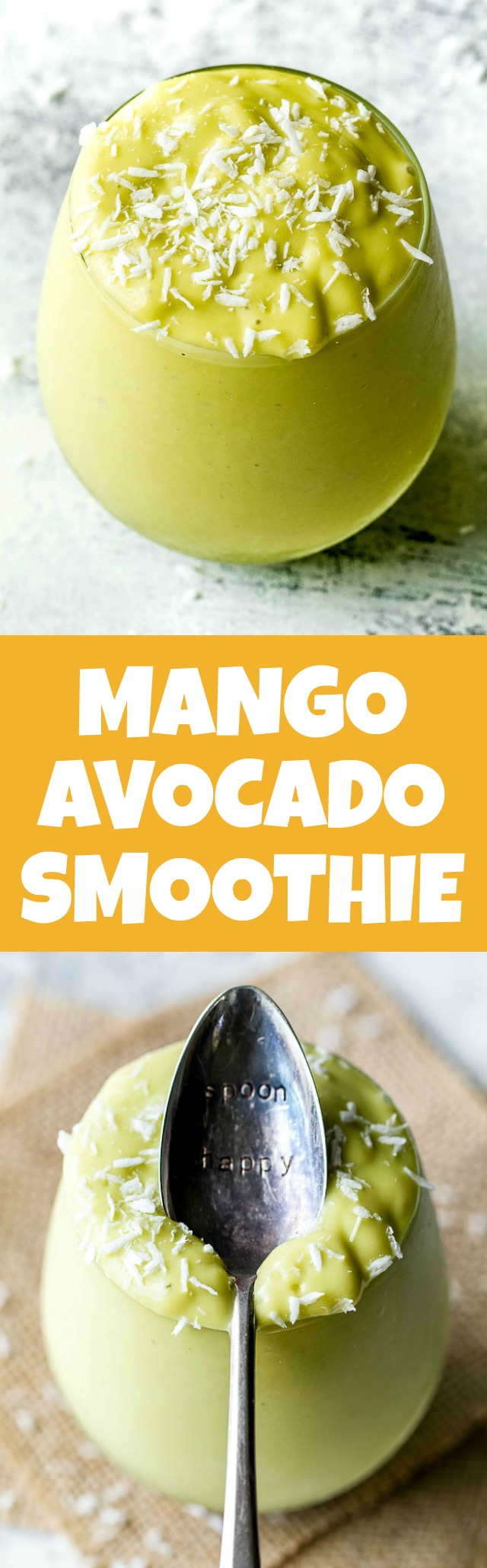 This super creamy Mango Avocado Smoothie is packed with protein, healthy fats, vitamins and antioxidants. Gluten-free and easily made vegan, it makes a healthy and delicious breakfast or snack | runningwithspoons.com