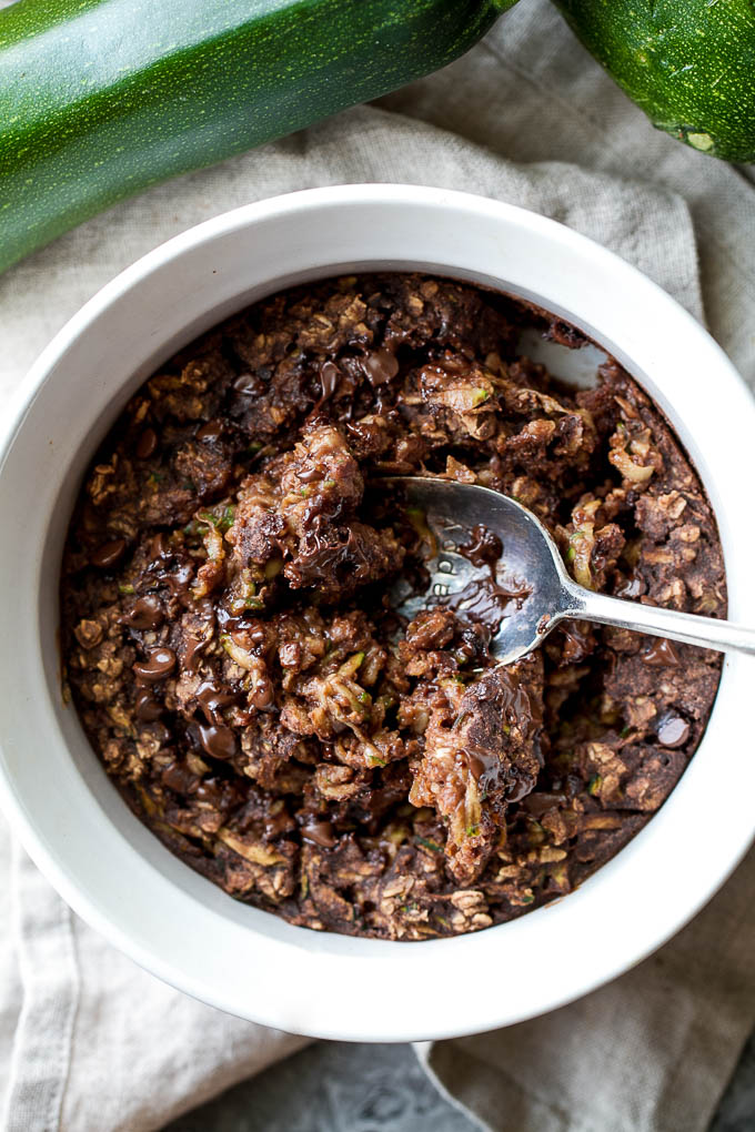 Chocolate Zucchini Breakfast Bake - loaded with fibre, healthy fats, and plant-based protein, while tasting like you're having desert for breakfast! Naturally sweetened and easily made vegan and/or gluten-free, it’s a healthy and delicious way to start your day | runningwithspoons.com