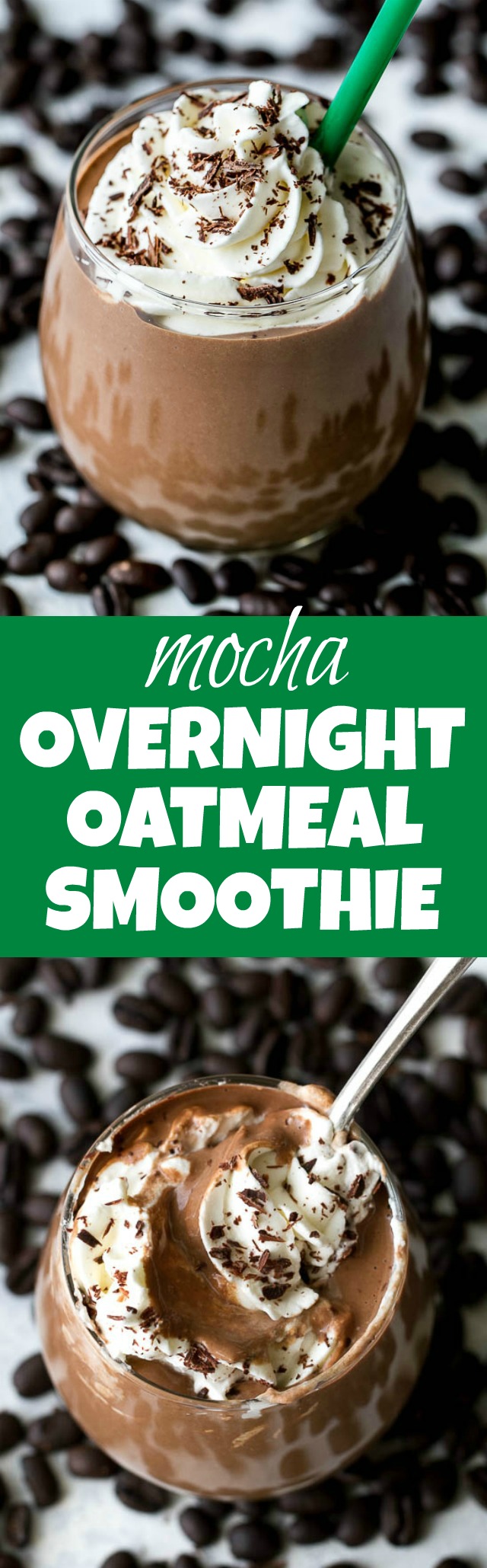 Mocha Overnight Oatmeal Smoothie - the stick-to-your-ribs feeling of a bowl of oats in a thick and creamy smoothie that's guaranteed to keep you satisfied for hours! Vegan, gluten-free, and packed with plant-based protein and fiber, this smoothie is perfect for both coffee and chocolate lovers! | runningwithspoons.com