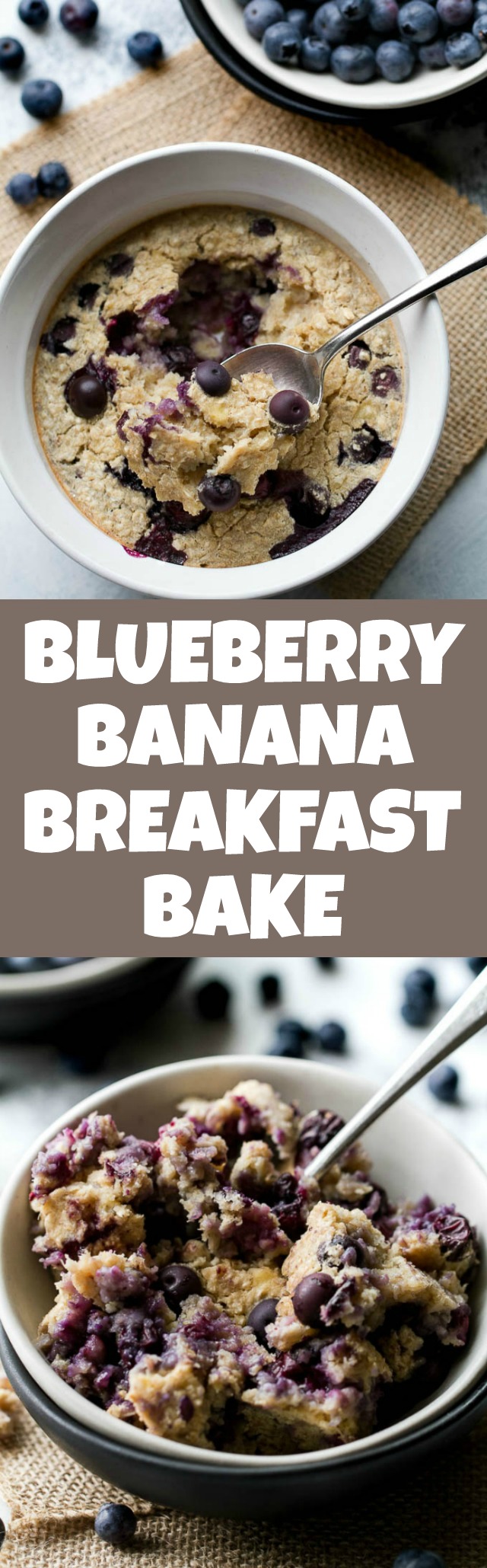 Blueberry Banana Breakfast Bake - like a muffin in a bowl, but made without any butter, oil, or refined sugar! Gluten-free and vegan so everyone can enjoy | runningwfithspoons.com