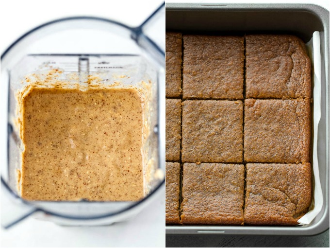 Flourless Banana Bread Bars made in the blender with only a handful of simple ingredients! They’re gluten-free, oil-free, dairy-free, and refined-sugar-free, so they make a deliciously healthy treat for when those cravings hit | runningwithspoons.com