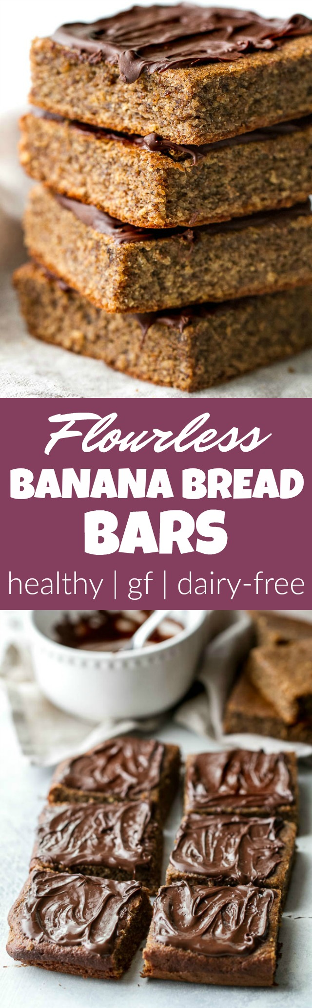 Flourless Banana Bread Bars made in the blender with only a handful of simple ingredients! They’re gluten-free, oil-free, dairy-free, and refined-sugar-free, so they make a deliciously healthy treat for when those cravings hit | runningwithspoons.com