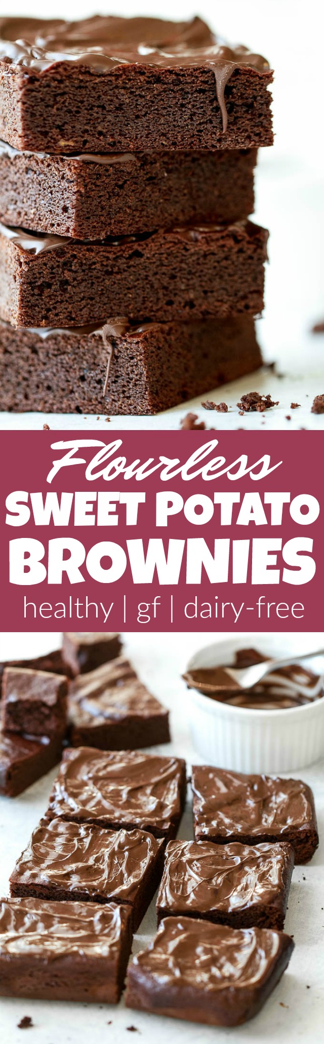 Flourless Sweet Potato Brownies made in the blender with only 7 ingredients! They’re grain-free, oil-free, dairy-free, and refined-sugar-free, so they make a deliciously healthy gluten-free treat for when those chocolate cravings hit | runningwithspoons.com