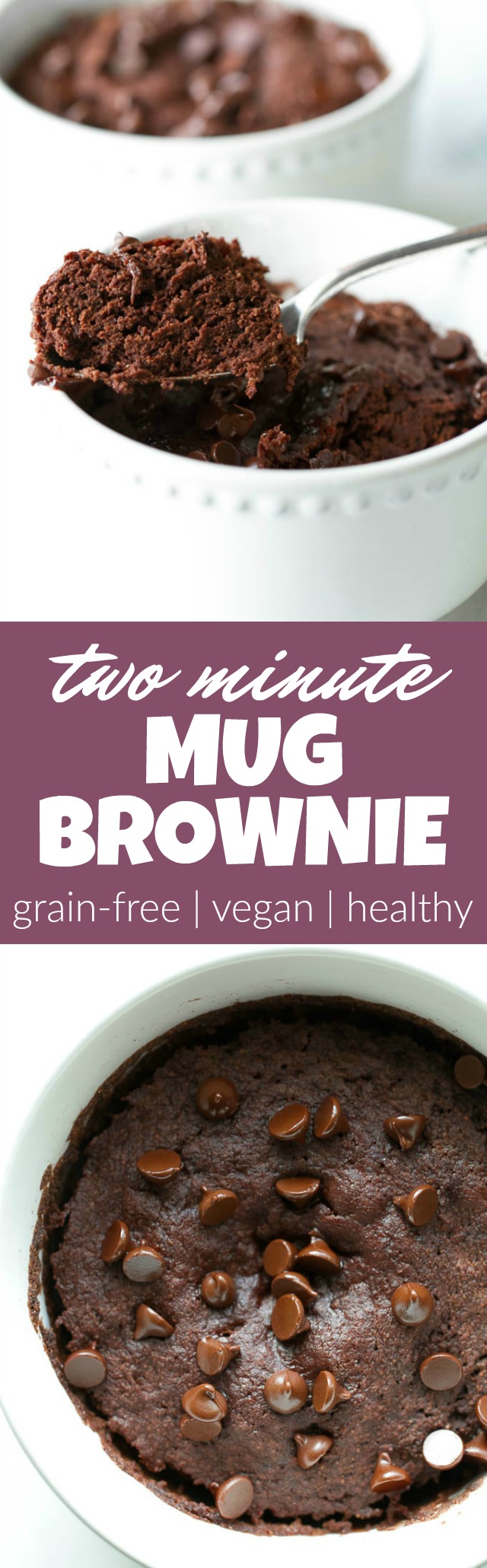 This healthy two minute mug brownie is so fudgy, moist, and chocolatey that you’d never be able to tell it’s made with NO flour, butter, or oil. Satisfy those chocolate cravings with a vegan, gluten-free, and paleo treat that’s super quick and easy to make | runningwithspoons.com