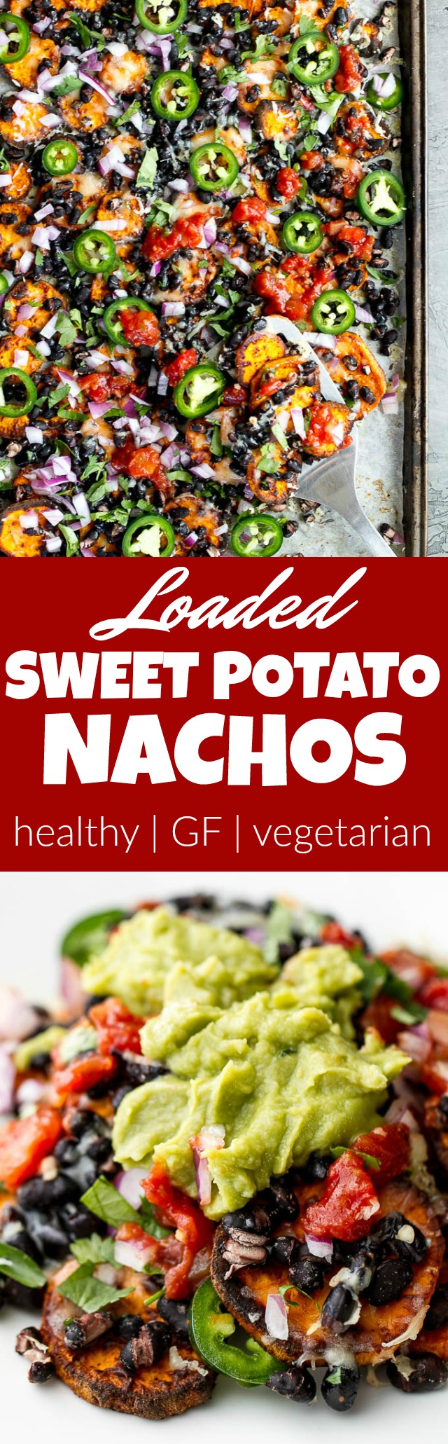 Loaded Sweet Potato Nachos - seasoned baked rounds topped with black beans, jalapeños, onions, cheese, salsa, and guacamole for an easy vegetarian, Mexican-inspired meal that's way healthier than traditional nachos | runningwithspoons.com