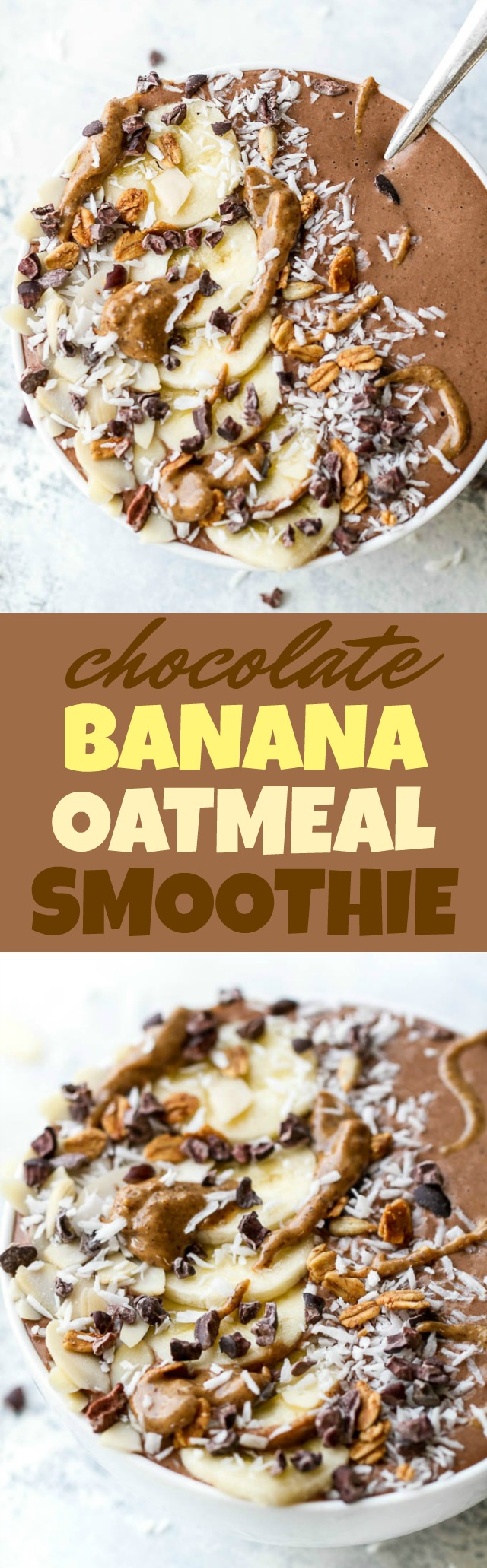 This creamy Chocolate Banana Oatmeal Smoothie Bowl has that stick-to-your-ribs feeling of a bowl of oats and will keep you satisfied for hours with plenty of fiber, plant-based protein, and healthy fat. The perfect vegan and gluten-free breakfast or snack! | runningwithspoons.com