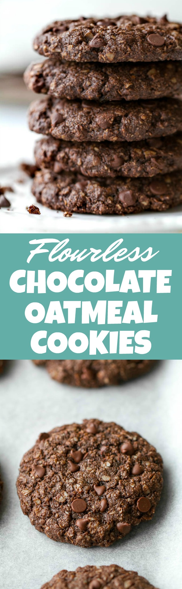 Flourless double chocolate oatmeal cookies that are soft, chewy, loaded with chocolate, and super easy to make with only one bowl and a handful of simple ingredients! They're gluten-free and a perfect choice for when those chocolate cravings hit | runningwithspoons.com