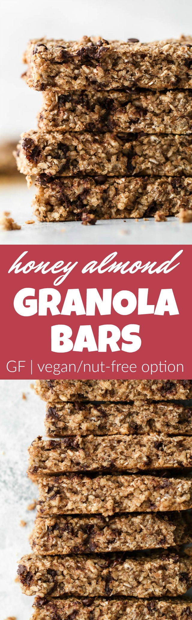 So much better than store-bought! These honey almond granola bars are made without any refined sugars or oils, with just the perfect touch of honey and almond flavour! They’re gluten-free, vegan, and easily made nut-free if you need them to be. The perfect easy and healthy snack! | runningwithspoons.com