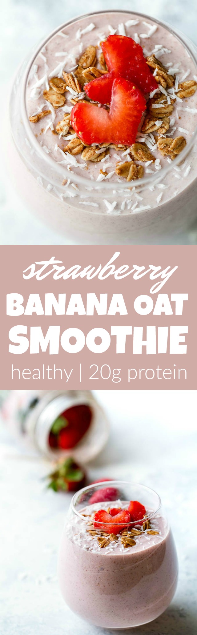 This Strawberry Banana Oat Breakfast Smoothie is guaranteed to keep you satisfied all morning with 20 grams of whole food protein and a good balance of healthy carbs and fats | runningwithspoons.com