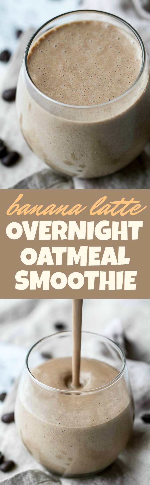 Coffee lovers rejoice! This creamy Banana Latte Overnight Oatmeal Smoothie combines that stick-to-your-ribs feeling of a bowl of oats with the silky smooth texture of a smoothie... plus your morning cup of coffee!! Vegan, gluten-free, and packed with plant-based protein and fiber, it makes a healthy and easy breakfast or afternoon snack! | runningwithspoons.com #recipe #coffee #smoothie #vegan