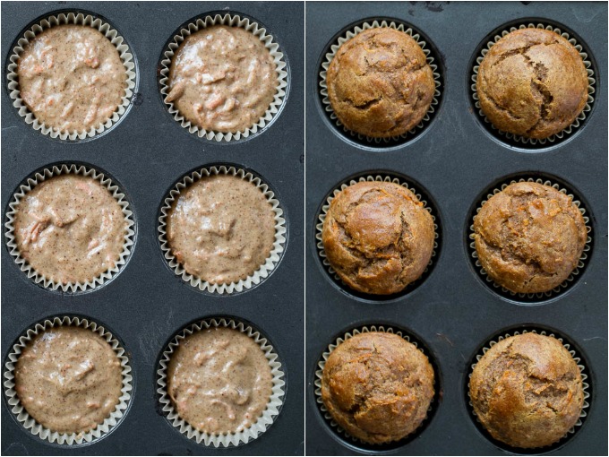 Flourless banana carrot muffins that are so tender and flavourful, you’d never know they were made without flour, oil, or refined sugar. Gluten free and made with wholesome ingredients, they make a healthy and delicious breakfast or snack | runningwithspoons.com #glutenfree #healthy #recipe