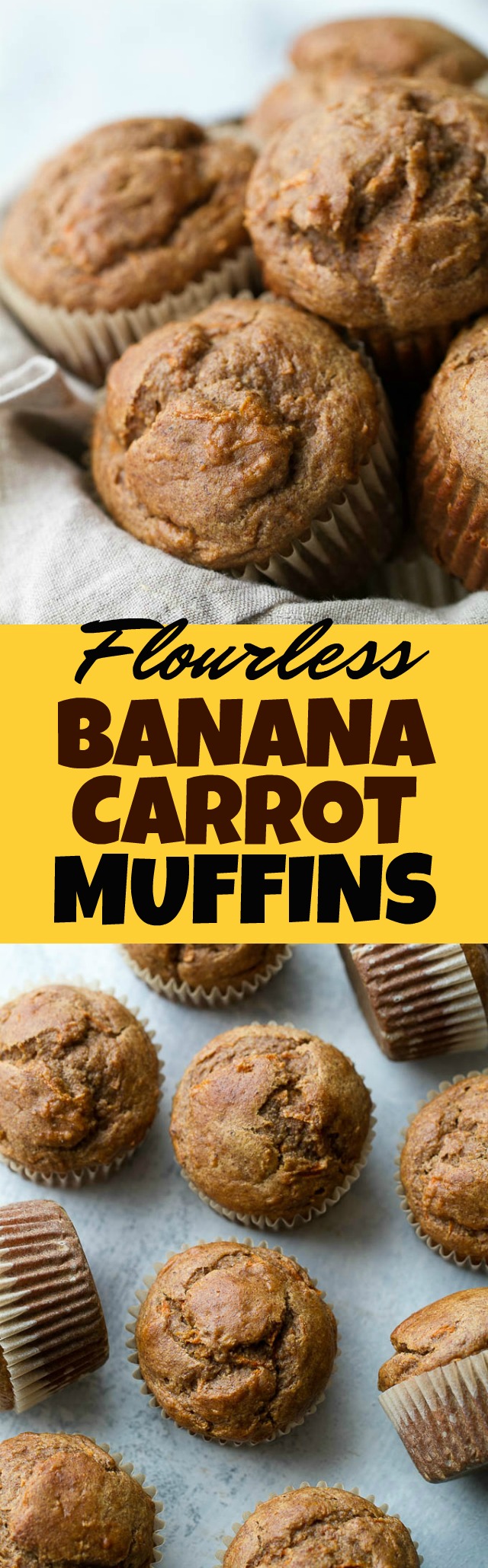Flourless banana carrot muffins that are so tender and flavourful, you’d never know they were made without flour, oil, or refined sugar. Gluten free and made with wholesome ingredients, they make a healthy and delicious breakfast or snack | runningwithspoons.com #glutenfree #healthy #recipe