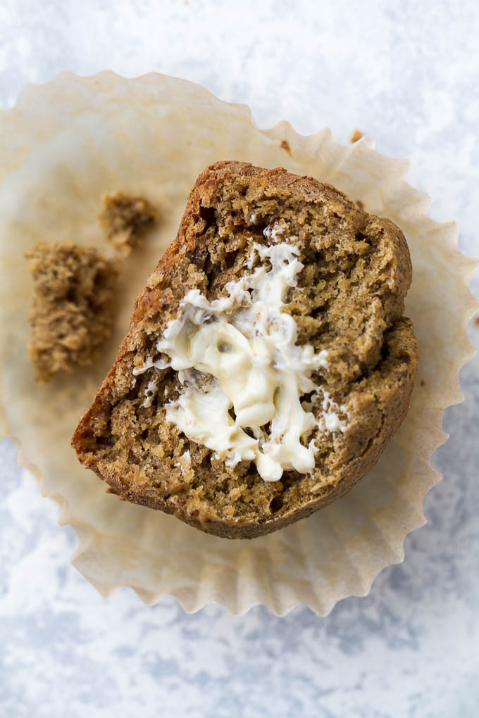 Flourless Vegan Banana Muffins -  so light, tender, and loaded with flavour, you’d never know they were made without flour, oil, eggs, or refined sugar!! | runningwithspoons.com #vegan #glutenfree #recipe #snack #breakfast #healthy